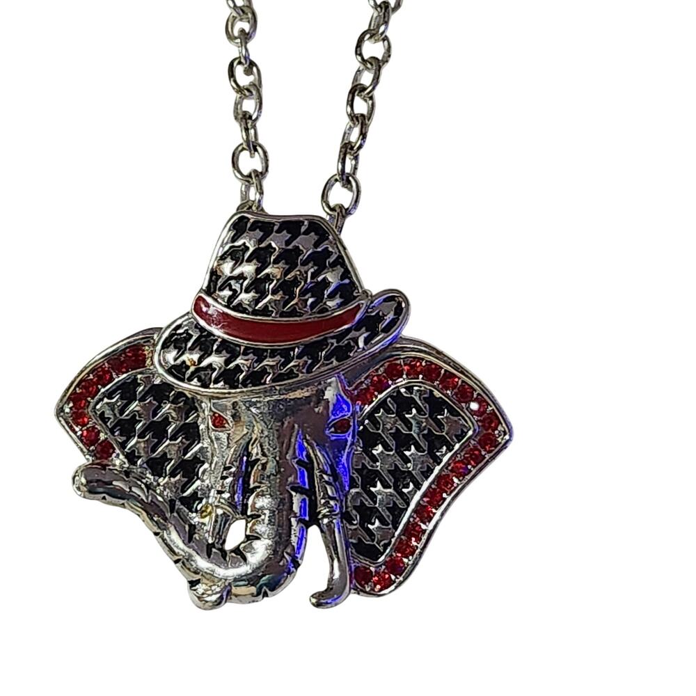 Vtg Elephant Houndstooth Fedora Red Rhinestone Pendant Necklace Bama